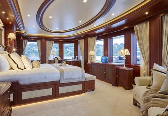 master suite with sweeping panoramas on board luxury yacht Areti 