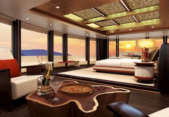 master suite flanked by full-length windows on board superyacht Illusion Plus 