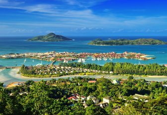 Elevated view looking over coastlines in the Seychelles