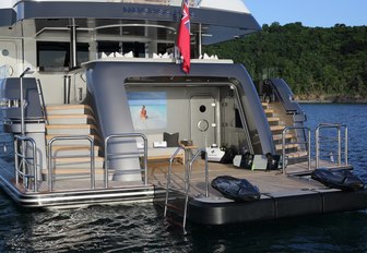 transom door drops down to form a beach club on board superyacht Muchos Mas