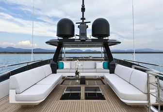 the spacious sun deck on board motopr yacht EVA. 4EVA with plush seating and panoramic view of nearby vistas