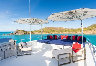 Sun deck on superyacht AT LAST with seating and parasols