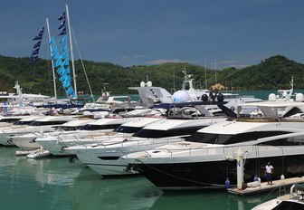 motor yachts line up at the Thailand Yacht Show, Phuket