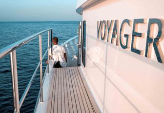 Charter yacht VOYAGER swim platform and nameplate