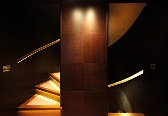 The wide staircase onboard motor yacht 'Zaliv III'