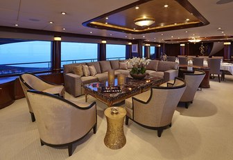 The formal dining space on board motor yacht Zoom Zoom Zoom