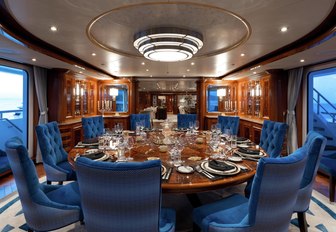 circular dining table on the bridge deck aft of charter yacht TITANIA