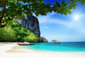 deserted white sand beach in the remote and isolated waters of Myanmar in South East Asia