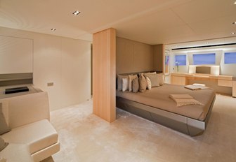 light and airy master suite with large bed on board superyacht JEMS