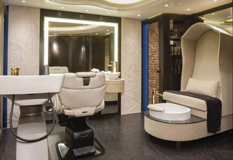 Overview of beauty salon onboard charter yacht WHISPER with seats and equipment laid out