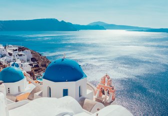 Overhead view looking over the rooftops of Santorini