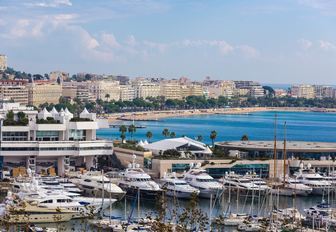 Overhead view of motor yacht charters berthed in Vieux Port, Cannes