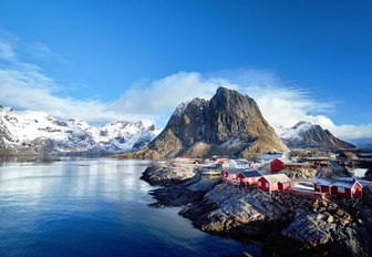 red houses in the snow-covered Lofoten Islands in Norway