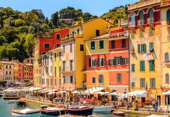 Overview of colored buildings by the marina in Portofino