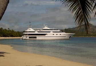 A magnificent motor yacht moored in the tranquil Blue Lagoon in Fiji