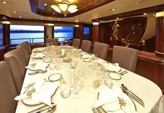 A formal dining space inside motor yacht 'Zoom Zoom Zoom'