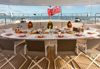 al fresco dining area on the aft deck of charter yacht PANTHALASSA 