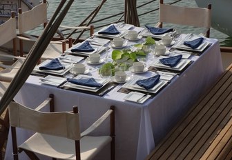 alfresco dining area on the aft deck of charter yacht DALLINGHOO