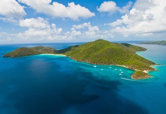 An aerial image of a grassy island in the BVIs