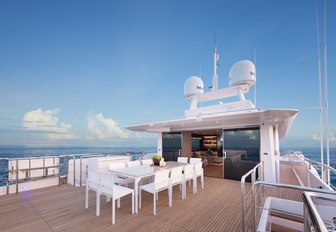 the alfresco dining area of charter yacht impatient IV with a breathtaking view of the Mediterranean 