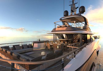 the upper decks of motor yacht geco with sun loungers and sunfeack