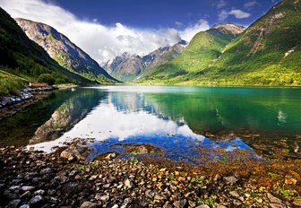 A landscape view of a Norwegian fjord. 