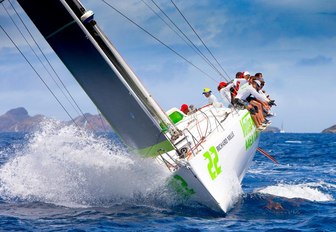 yacht cuts through the water at Les Voiles de Saint Barth