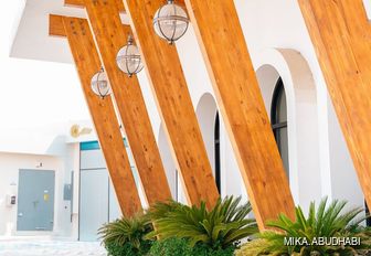 Wooden slanted beams outside Mika restaurant
