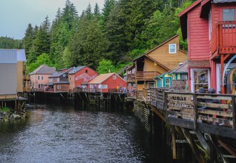 Historic old wooden houses facades along Creek in downtown Ketchikan, Alaska