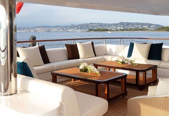 sumptuous seating on the main deck aft of charter yacht FORMOSA 