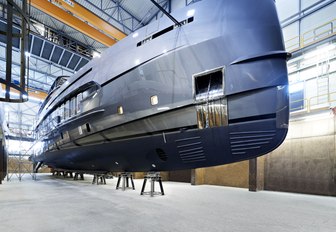 Superyacht ERICA in the shipyard.  Shot from underneath the hull her size is clear