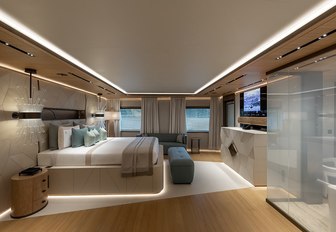 superyacht la datcha owners deck with large bed and windows