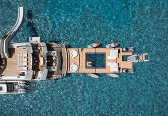Charter yacht AS YOU WISH aerial view looking down on water toys