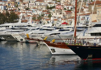 a diverse fleet of yachts in Marina Zeas in Piraeus, Greece, for the East Med Yacht Show