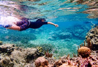 Underwater image of 7 year old boy snorkeling through coral reef near Ambergris Caye, Belize