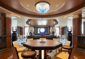 dining table in the main salon aboard motor yacht Barbara