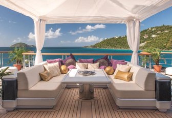 a cosy seating area for lunch or cocktails on board charter yacht SOLANDGE 