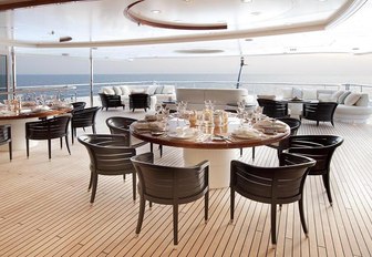 Covered dining area on outside deck of Superyacht SUNRAYS