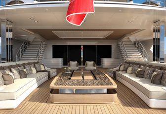 Covered outdoor area on deck of Superyacht LANA with sofas and large table area