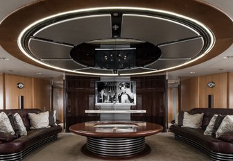 two brown leather sofas in the main salon of sailing yacht Maltese Falcon