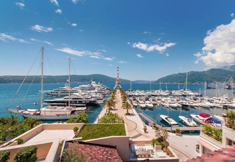 yachts line up in Porto Montenegro in the Bay of Kotor