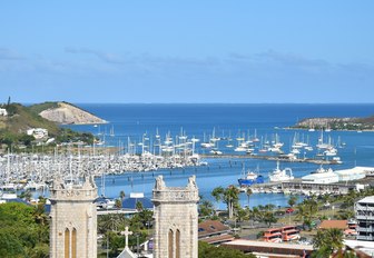 yachts line up in Citron bay, Noumea, New Caledonia