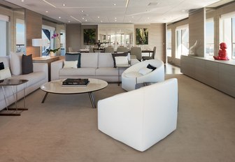 sociable and contemporary main salon on board luxury yacht Cheers 46 