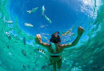 A woman floating above tropical fish on Thanda Island, Indian Ocean