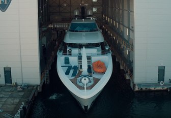 foredeck of motor yacht VIVA as she emerges from the shed on day of her launch