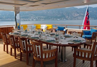 alfresco dining setup on the upper deck aft of luxury yacht OASIS 