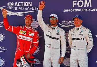 Lewis Hamilton on podium with other podium finishers at Barcelona Grand Prix 2017