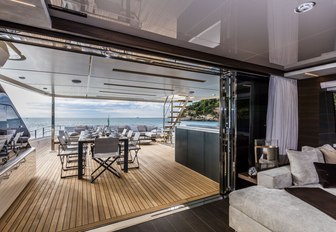 view of upper deck aft alfresco dining area from the skylounge aboard charter yacht December Six