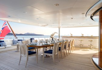 rectangular alfresco dining option aboard motor yacht TITANIA 