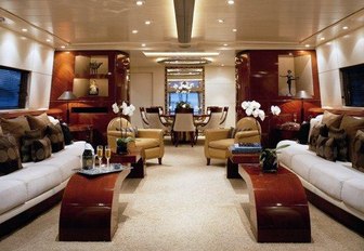 mahogany panelled main salon of luxury yacht ‘Costa Magna’